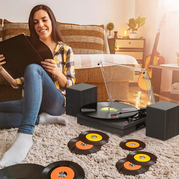 Vinyl Record Player with Two Stereo Speakers, Bluetooth Playback Turntable with 3 Speed AUX Headphone Input and RCA Out, Retro Black