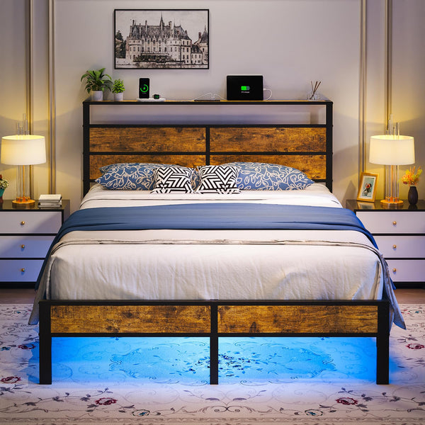 Queen Size Bed Frame with USB Type C Charging Station Headboard, Smart LED Lights, Metal Platform Noise Free, No Box Spring Needed, Easy Assemably