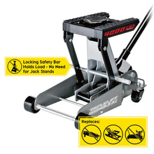 Powerbuilt 2 Ton Triple Lift Floor Jack, Lifts Cars, Trucks, Motorcycles, ATV's, Transmissions, Tie-Down Loops, Locking Safety Bar - 620422E, Silver