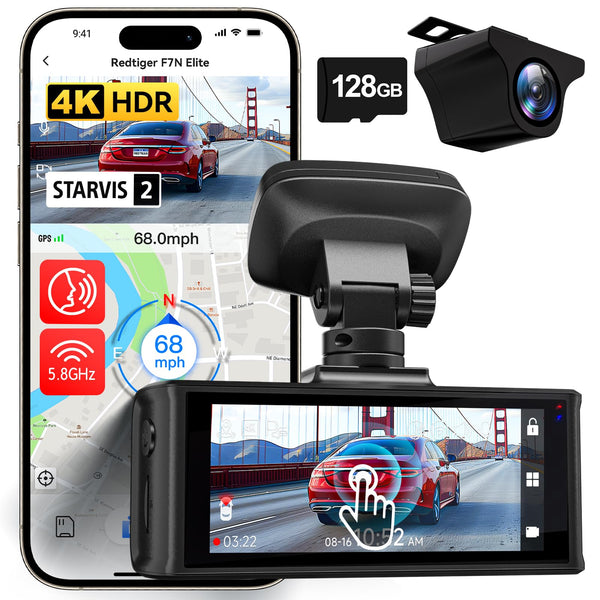 REDTIGER 4K HDR Dash Cam Front and Rear, STARVIS 2 Sensor, 5.8GHz WiFi APP, 3.18" Touchscreen, Voice Control, 128G Card Included, WDR, Dash Camera for Cars with GPS, 24H Parking Mode(F7N Elite)