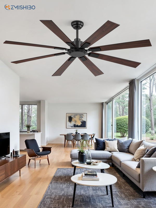 65 Inch Ceiling Fan No Light with Remote, Black Large Ceiling Fan Without Light with Quiet Reversible DC Motor, 6-Speeds, 8 Blades, Indoor/Outdoor Modern Ceiling Fans for Patios, Living Room, Garage