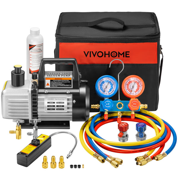 VIVOHOME 110V 1/3 HP 4CFM Single Stage Rotary Vane Air Vacuum Pump and AC Manifold Gauge Set Kit with Leak Detector for R134a R12 R22 R502 R410a HVAC Air Conditioning Refrigeration Recharging, Black