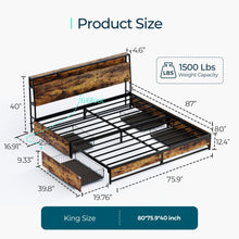 LINSY King Size Bed Frame with 4 Storage Drawers & Ergonomic Storage Headboard, King Bed with Charging Station & LED Lights, Metal Bed Frame Noise Free, No Box Spring Needed, Rustic Brown