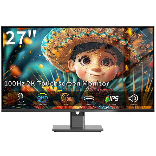 Pisichen Touchscreen Monitor 27 Inch 2K 100Hz Gaming Monitor, QHD 2560x1440 IPS PC Monitor, 10-Point Multi Touch Screen Computer Monitor, USBC HDMI VGA Ports, Built-in Speakers