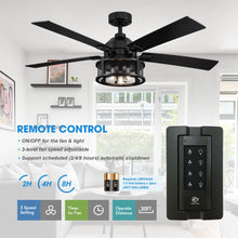 Ceiling Fans with Lights and Remote, 52 Inch Farmhouse Rustic Ceiling Fan for Bedroom Living Room, Black Outdoor Ceiling Fans with Caged Lights Chandelier, Reversible 5 Blades, Ventilador de Techo