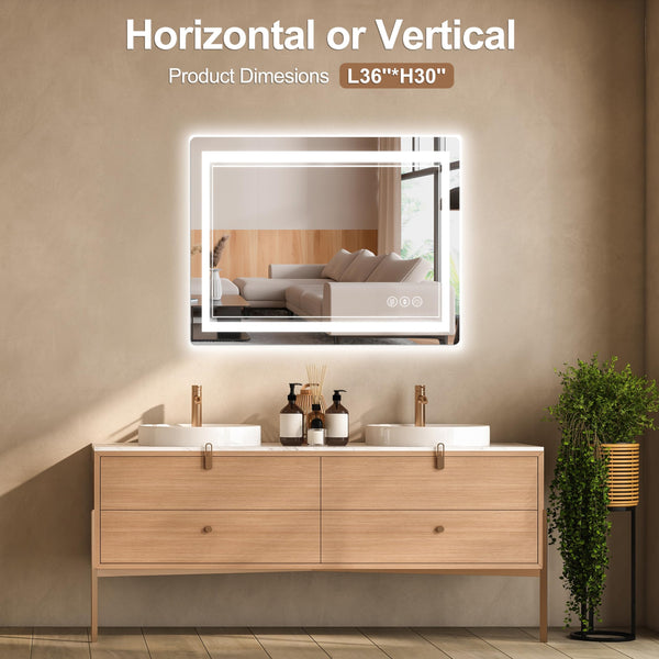 36"x 30" LED Bathroom Mirror with Front and Backlight, Bathroom Vanity Mirror with 3 Color Adjustable, Stepless Dimmable Light, Anti-Fog, Memory Function, Vanity Mirror for Wall(Horizontal/Vertical).