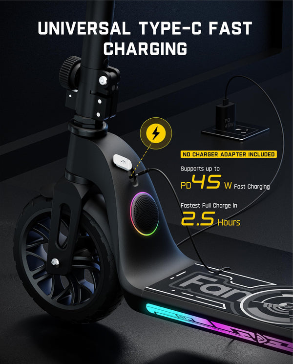 FanttikRide C10 Apex Electric Scooter for Kids 8-12, Adjustable Handlebar Height for Riders 3.9-5.2 ft, 132 lbs, Up to 50 mins, 6.5 Miles Range, 3 Speed Mode 5/8/10 MPH, Bluetooth Music Speaker, Black