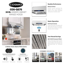 COSMO COS-QS75 30 in. Haven Collection 500 CFM Ducted Under Cabinet Range Hood, Touch Controls, LED Lights, Stainless Steel