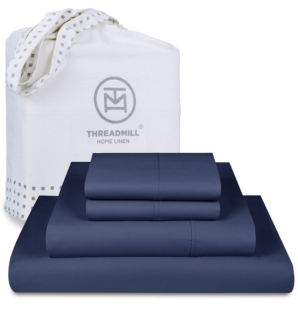 Threadmill Supima Cotton Queen Sheets - 1000 Thread Count, 4 Piece Luxury Bed Sheets, Sateen Weave Hotel Quality with Elasticized Deep Pocket, Folkstone Blue