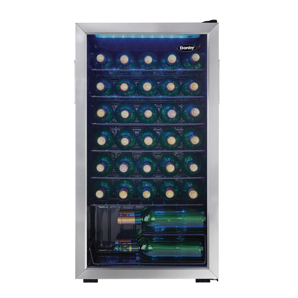 Danby DWC036A1BSSDB-6 3.3 Cu. Ft. Free Standing Wine Cooler, Holds 36 Bottles, Single Zone Fridge with Glass Door-Chiller for Kitchen, Home Bar, Stainless Steel