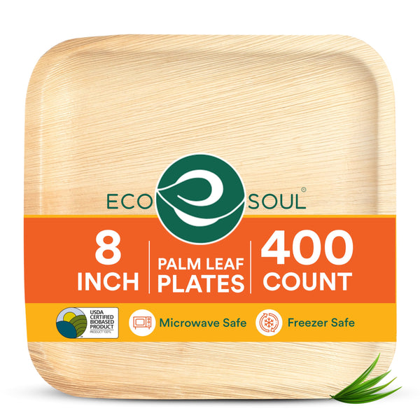 ECO SOUL Compostable 8 Inch Palm Leaf Square Plates (400 Count) Like Bamboo Plates | Biodegradable | Eco-Friendly, Microwave & Oven Safe