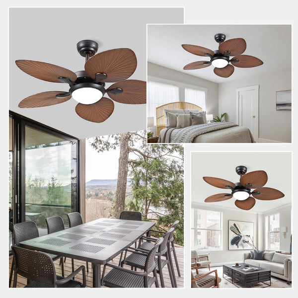 Wiviniya Ceiling Fans with Lights and Remote/APP Control, 44 Inch Tropical Palm Leaf Ceiling Fan with LED Lights, Outdoor Ceiling Fans for Patios Porch, Reversible Quiet Motor, Dimmable, Light Brown