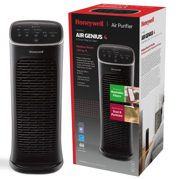 Honeywell HFD280 Compact Air Genius 4 Air Purifier with Permanent Washable Filter, Medium Rooms (150 sq. ft.), Black