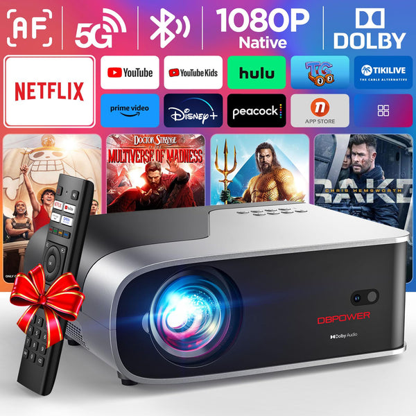 [Netflix Officially/AI Auto Focus] Smart Projector with WiFi and Bluetooth,Dolby Audio,DBPOWER Native 1080p Projector with Apps Built-in Netflix/Hulu/Disney+/Peacock, 600ANSI Movie Projector