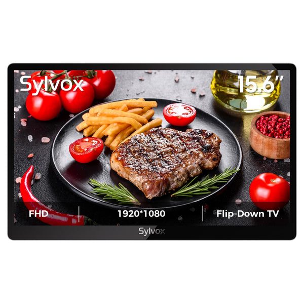 SYLVOX 15.6" Flip-Down TV for Under Cabinet, 12-Volt Small TV with 90-Degree Rotation, Digital Noise Reduction, and Storage Design for Kitchen, Bedroom, RV, and Yacht