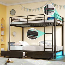 Rolanstar Metal Bunk Bed Twin Over Twin with USB Charging Station, LED Bunk Bed with 2 Storage Drawers, Bed with Safety Guardrail & Ladders, No Box Spring Needed, Easy Assembly, Black