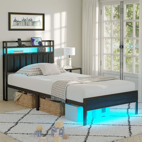 CollaredEagle Twin Size Bed Frame with Headboard, Metal Bed Frame with Charging Station and LED Lights, Heavy Duty Bed with Storage Shelves,Noise Free,No Box Spring,Black