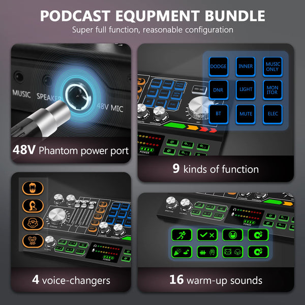 Podcast Equipment Bundle, Audio Interface DJ Mixer Podcast Microphone 48V Phantom Power Supply for Streaming Recording,Tiktok,Black