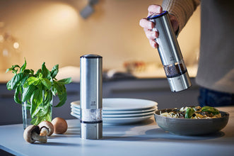 Peugeot - Elis Sense u'Select Electric Salt and Pepper Mill Set - Adjustable Grinders, Battery Powered - Blue LED Light, Stainless Steel, 8-inches