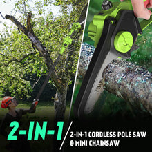 Cordless Pole Saw 6 Inch＆Mini Chainsaw 2-in-1 with 2 × 4.0Ah 21V Battery and Charger, Brushless Motor, Total Reach of Max 15ft, Electric Pole Saw for Tree Trimming Hedge Cutting, Battery Powered