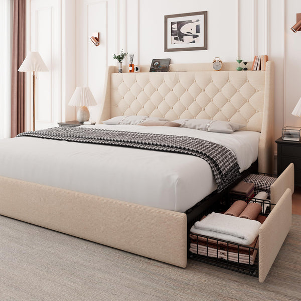 Feonase Upholstered Queen Bed Frame with 4 Storage Drawers, Charging Station and Tufted Wingback Storage Headboard, No Box Spring Needed, Easy Assembly, Beige