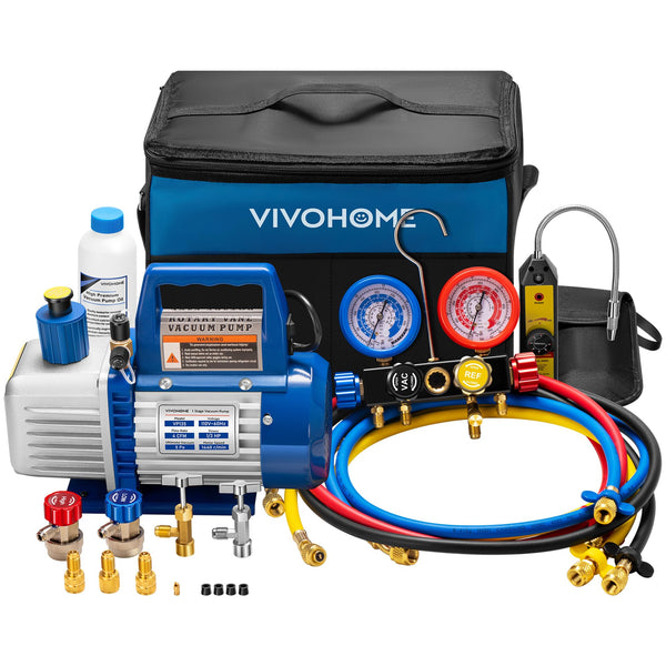 VIVOHOME Upgraded 4CFM 1/3 HP 1-Stage HVAC Vacuum Pump and 4 Way AC Manifold Gauge Set with Leak Detector, 5ft Hoses & Accessories for R134a R12 R22 R502 R410a Automotive Air Conditioner Maintenance