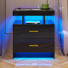 HNEBC LED Nightstand, RGB Black Night Stand with USB/Wireless Charging Station, Modern Bedside Table has Auto Sensor RGB Lights, End Side Table with 2 Drawer for Bedroom Furniture, Black