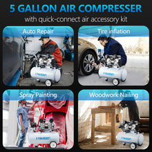 Quiet Air Compressor, Only 68dB, 5 Gallon Steel Tank, 2.8CFM @ 90PSI, Oil-Free, Electric Air Compressor Perfect for Woodwork Nailing, Garage, Car, Pneumatic Tool, Includes 11 Accessories