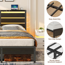 Rolanstar Bed Frame Queen Size with USB Charging Station, LED Bed Frame with Wood Storage Headboard, Black Metal Platform Bed with Under Bed Storage, No Box Spring Needed, Noise Free