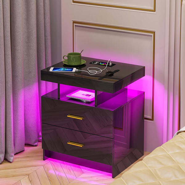 HNEBC LED Nightstand, RGB Black Night Stand with USB/Wireless Charging Station, Modern Bedside Table has Auto Sensor RGB Lights, End Side Table with 2 Drawer for Bedroom Furniture, Black