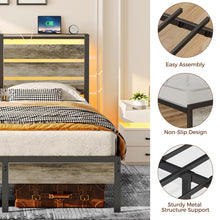 Rolanstar Bed Frame Full Size with USB Charging Station, LED Bed Frame with Wood Storage Headboard, Light Grey Metal Platform Bed with Under Bed Storage, No Box Spring Needed, Noise Free