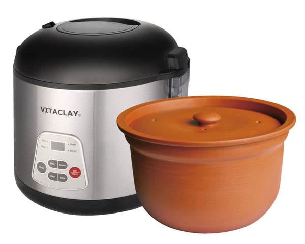 Vitaclay Smart Organic Clay Rice Cooker & Slow Cooker - Toxin Free Clay Electric Pot for Cooking Rice, Slow Cooker, Soup Maker, Warmer, Stew Pot with Natural Earthen Clay Crock, 6 cup / 3.2 qt