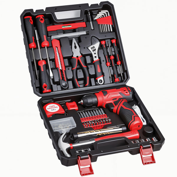 Tool Set - Tool Kit with 8V Cordless Drill, 132 Piece Tool Box with Drill, Home Tool Kits for Men & Women, Hand Drill Set Perfect for Homeowner, Diyer, Handyman - Red