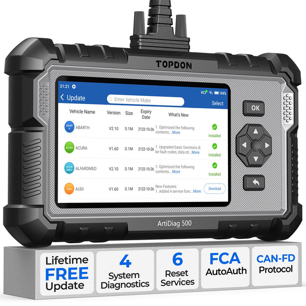 TOPDON AD500 OBD2 Scanner Car Code Reader Scan Tool, Engine ABS SRS Transmission Diagnostics Tool, FCA AutoAuth, CAN FD Protocol, Oil/Throttle/SAS/TPMS/BMS/EPB Reset Car Scanner, Free Upgrade for DIY