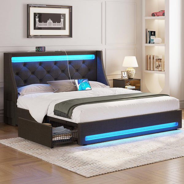 Rolanstar Queen Bed Frame with LED Lights and Charging Station, Upholstered Bed with Drawers, Wooden Slats, Noise Free, Easy Assembly, Dark Gray