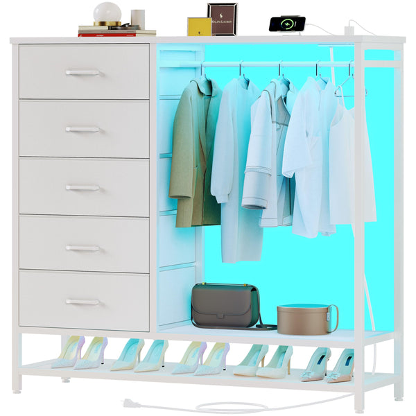 Dresser for Bedroom, Dresser with Hanging Rack Led Lights and Charging Station, White Bedroom Dresser with 5 Fabric Chest of Drawers with PU Finish Storage Organizer, for Living Room Kids Room, White