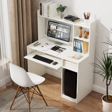 GLOBALWAY Home Office Desk w/Hutch, Gaming Table Workstation w/Keyboard Tray, CPU Stand, & Bookshelf, Modern & Space-Saving Writing Desk for Dorm, Bedroom, White