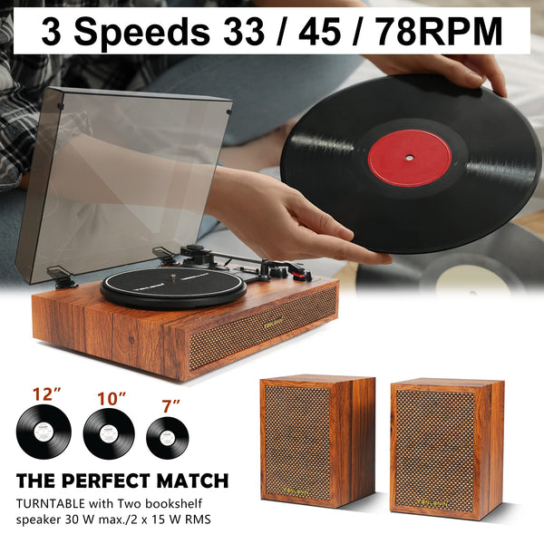 Vinyl Record Player with External Speakers, 3 Speed Bluetooth Turntable for Vinyl Records, Vintage Belt Drive Record Player with Stereo Speakers and Auto Stop, RCA Audio Out and Aux-in,Light Wood