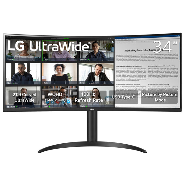 LG 34WR55QK-B 34-inch UltraWide WQHD (3440 x 1440) Curved Computer Monitor, 100Hz, 5ms, HDR10, Reader Mode, HDMI, DisplayPort, USB Type-C, Tilt/Height Adjustable Stand, Black