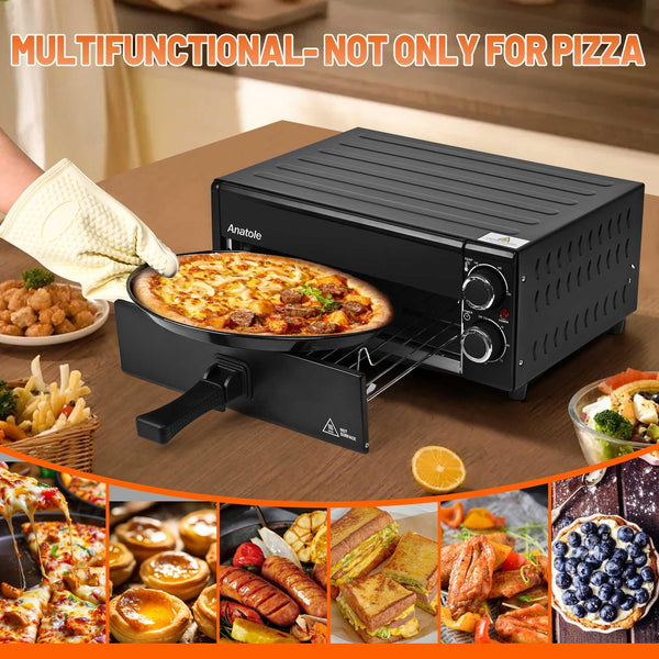 Anatole Electric Pizza Oven 12" 1800W Indoor Countertop Pizza Maker Time Temperature Adjustable Multifunctional Pizza Cooker with Removable Grill Crumb Tray ETL Certified