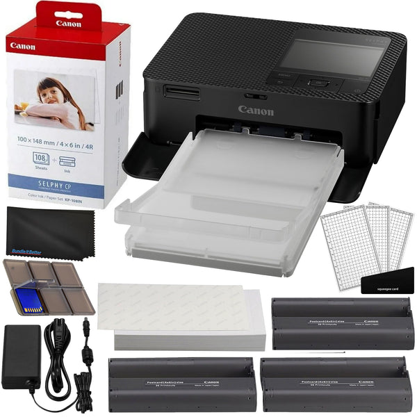 Canon Selphy CP1500 Wireless Compact Photo Printer (Black) Bundle with KP-108IN Color Ink Paper Set (108 Sheets of 4x6 Paper + 3 Ink Cartridges) + 6-Slot Memory Card Holder + More