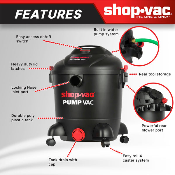 Shop-Vac 5871205 12 Gallon Wet Dry Pump Vacuum with Built-In Water Pump, 5.0 Peak HP, 2.5 Inch Diameter x 8 Ft Hose, 12 Ft Cord, Black