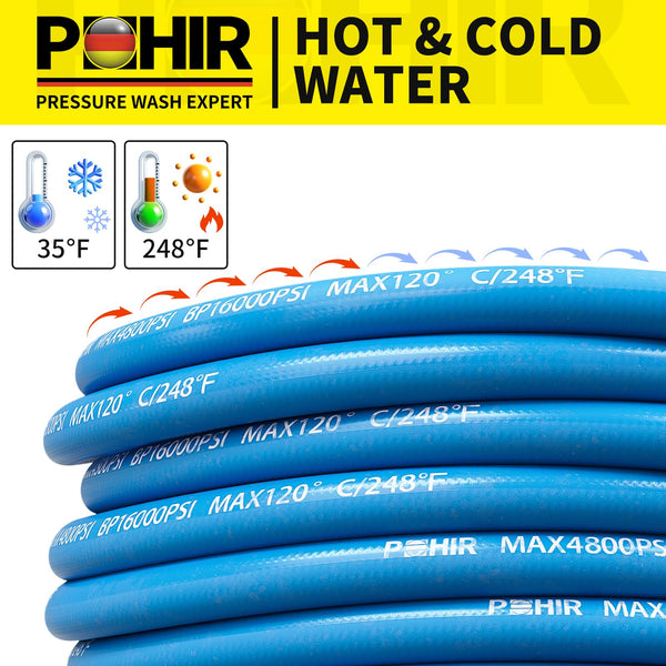 POHIR 100ft Pressure Washer Hose 3/8" 4800 PSI, Kink Resistant Industrial Grade Hose with Quick Connect Ends and Adapters for Hot & Cold Water up to 248°F, Steel Wire Braided Hose for Power Washing