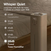 Pureal Tower Humidifier, 2.6Gal(10L) on Wheels, 3 Stage Warm&Cool Mist, Last 83 Hours, Large Room Bedroom with Mood Light, Humidity Setting, 12Hr Timer, 360°Nozzle