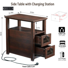 HDDDZSW Farmhouse XXL End Table with Charging Station, Narrow Side Table with USB Ports and Outlets, Nightstand with 2 Drawers Storage, Bedside Tables for Living Room, Bedroom, Rustic Cherry