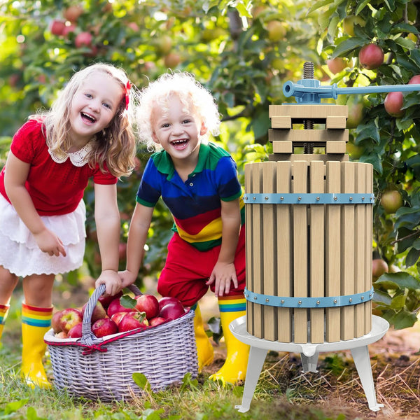 SQUEEZE master Fruit Apple Cider Wine Classic Press-Blue-4.75 Gallon/18L-Solid Wood Basket-Vintage traditional juicer-Pole Handle Bar for Juice,Wine,Cider-1 free filter bag included