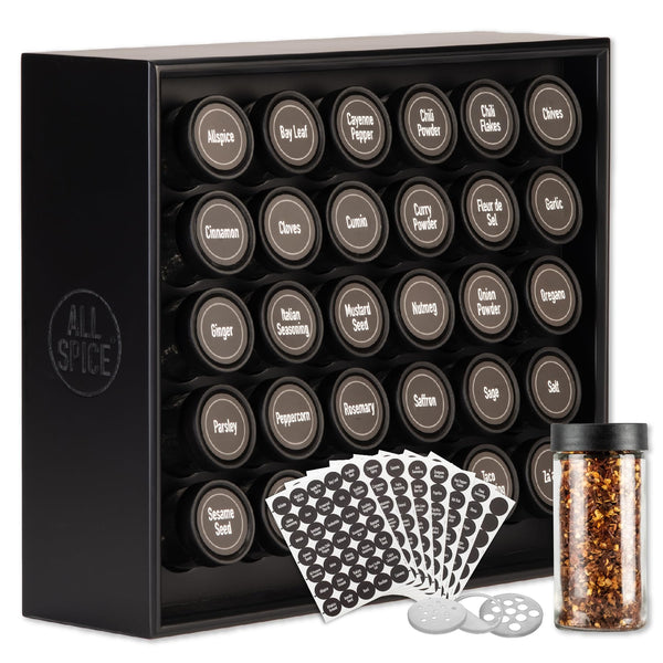 AllSpice Wood Spice Rack, 525 Unique Labels, Countertop or Wall Mount, Includes 30 4oz Jars- Matte Black