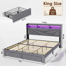 Driftalia LED King Size Bed Frame with 2 Storage Drawers, Upholstered King Bed Frame with Headboard and Charging Station, No Box Spring Needed, Easy to Assembly-Light Grey