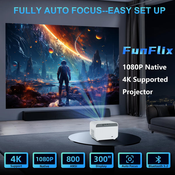 [Auto Focus&Apps] FunFlix A1 4K Projector with 5G WiFi and Bluetooth Android TV 800 ANSI Native 1080P Outdoor Movie Projector Dust-proof 50% Zoom for Phone/TV//HDMI/USB