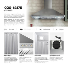 COSMO COS-63175 30 in. Vista Collection 380 CFM Ducted Wall Mount Range Hood, Button Controls, LED Lights, Stainless Steel